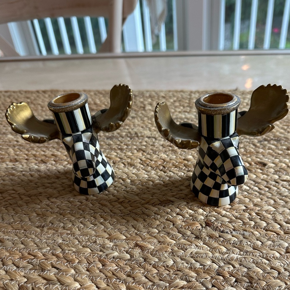 MacKenzie-Childs Black and White Checkered Candle Holders with Gold Wings